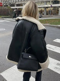 Tavimart Leather Faux Fur Patchwork Thick Women’s Moto Coat Lapel Zipper Long Sleeve Pocket Warm