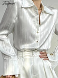 Tavimart Loose Women Striped Shirts New Spring Long Sleeve Single - Breasted Female Satin Blouses