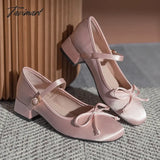 Tavimart Mary Jane Pumps Women silk Pink Bow Knot Design Lolita Square Toe Fashion Sweet Pumps 4CM Heel height Lovely Ballet Shoes