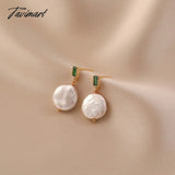 Tavimart Minar Luxury Round Freshwater Pearl Drop Earrings for Women Green Color CZ Zircon Hanging Dangle Earrings Wedding Daily Jewelry