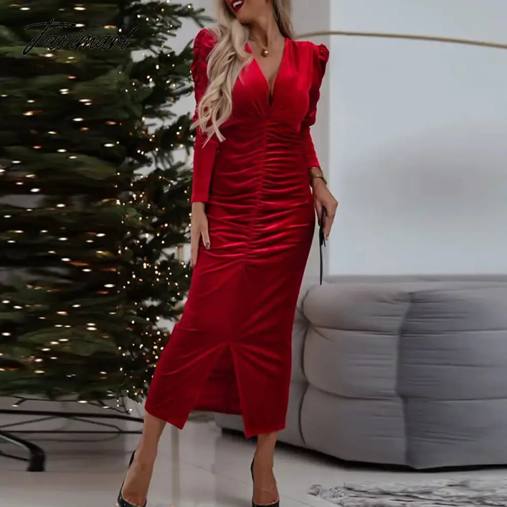 Tavimart New Christmas Party Golden Velvet Dress Elegant Lady V-neck D tavimart Tavimart New Christmas Party Golden Velvet Dress Elegant Lady V-neck D tavimart