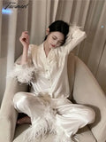 Tavimart New cute silk like acetate fibre light luxury Ostrich feather pajamas two-piece suit Satin pajamas for women sleepwear home wear