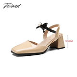 Tavimart - Nude Elegant Sweet Pearl Bow Ankle Wrap Ladies Party Sandals Women Square Toe Block