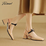 Tavimart - Nude Elegant Sweet Pearl Bow Ankle Wrap Ladies Party Sandals Women Square Toe Block