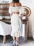 Tavimart Off Shoulder Short Top Midi Skirt Elegant Suit Women Summer Solid Matching Set Casual Slim