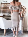 Tavimart Off Shoulder Short Top Midi Skirt Elegant Suit Women Summer Solid Matching Set Casual Slim
