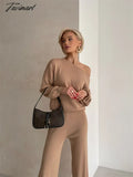 Tavimart One Shoulder Sexy Knit Two Piece Set Casual 2 Tracksuit Women Knitted Pants Suit And Top