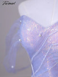 Tavimart - Purple Laser Sequin Beaded Mermaid Women Evening Dress With Puff Sleeves Tassel Pearls