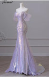 Tavimart - Purple Laser Sequin Beaded Mermaid Women Evening Dress With Puff Sleeves Tassel Pearls