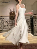 Tavimart Ruffles Midi Dresses Summer New Women French Elegant Square Neck Evening Party White