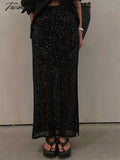 Tavimart Sequin Glitter Women Slim Maxi Skirt Fashion Side High Split Sexy Streetwear Waist Party