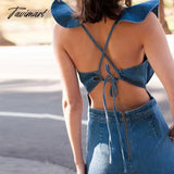 TAVIMART -  Sexy Backless Jeans Jumpsuit  summer Spring New Ruffled Bodysuit American Fashion Lace Up High Waist Playsuits Streetwear