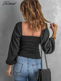 Tavimart Sexy Solid Square Collar Loose Blouses Ladies Tops Spring/Autumn Lantern Sleeve Shirts