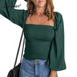 Tavimart Sexy Solid Square Collar Loose Blouses Ladies Tops Spring/Autumn Lantern Sleeve Shirts