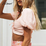 Tavimart - Sexy Square Neck Drawstring Summer Blouses Femme Short Sleeve Vintage Hight Waist Shirt