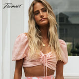 TAVIMART -  Sexy Square Neck Drawstring Summer Blouses Femme Short Sleeve Vintage Hight Waist Shirt Cropped Tops Women Tank Tops
