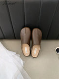 Tavimart - Shoes Beige Heeled Sandals Slippers Flat Shallow Slides Low Black Rubber Soft Fabric Pu