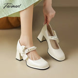 Tavimart - Shoes Mary Jane Sandals Ladies Heel Woman Large Size Round Toe Shallow Mouth Brief Pumps