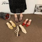 TAVIMART  -  Shoes Woman's Slippers Square Toe Low Slides Thin Heels Med Cross-Tied Summer Rome Basic Rubber Fabric Scandals PU Hoof