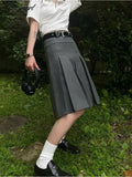 Tavimart Solid Waist Women Pleated Skirt Summer Preppy Style Female Skirts Street Casual Loose