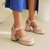 Tavimart - Square Flat Toe Cap Super High Thick Heel Side Hollowed Ankle Buckle Heels Close Shallow