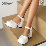 Tavimart - Square Flat Toe Cap Super High Thick Heel Side Hollowed Ankle Buckle Heels Close Shallow