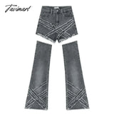 Tavimart Streetwear Fashion Tassel Stitched Gray Jeans Women Autumn And Winter New High Waist Slim