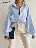 Tavimart Striped Loose Pocket Shirts Casual Long Sleeve For Women Fashion High Street Contrast V -