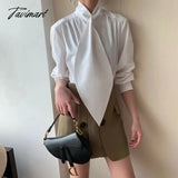Tavimart Stylish Black White Solid Color Long Sleeves High Neck Blouses Loose Fit Office Shirt Tops
