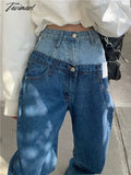 Tavimart Stylish Fake Two Piece Jeans Women Patchwork Daddy Pants Female Baggy Jeans American Fashion Vintage Denim Pants Trousers Street