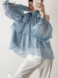 Tavimart - Summer Blouse Women Blue Chic Off Shoulder Tops Female Vintage Fashion Bow Shirt Ladies