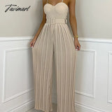 Tavimart Summer Casual Suspenders Long Jumpsuit Women Sexy Fashion Solid Sleeveless Sashes Pleated