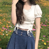 Tavimart Summer Kawaii Sweet Blouse Tops Women Korean Puff Sleeve Slim V-Neck Casual Blouse Shirt Chic Designer Outing Cute Tops