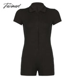 Tavimart Summer Women Casual Sport Short Jumpsuit Fashion Ribbed Collar Button Polo Neck Bodysuit