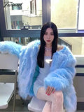 Tavimart Super Hot Women’s Winter Fluffy Jacket Coats Elegant Blue Faux Fur Female Long Sleeve