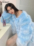 Tavimart Super Hot Women’s Winter Fluffy Jacket Coats Elegant Blue Faux Fur Female Long Sleeve