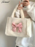 TAVIMART Sweet Bow Tote Bag Women Harajuku Aesthetic Plush Soft Chic White Shoulder Bag Ladies Large Capacity Casual Handbag New