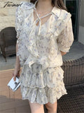 Tavimart - Sweet V - Neck Blouses Printed Vintage Chic Florals Suits Summer Ruffles Mini Skirts