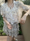 TAVIMART  -  Sweet V-Neck Blouses Printed Vintage Chic Florals Suits Summer Ruffles Mini Skirts Slim Holiday Office Wear Sets