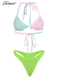 Tavimart Swimsuit High Waist Strap Luxury Bikini Diamond Beachwear Color Contrast With Ties Halter