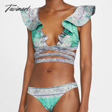 Tavimart Swimsuit Two Pieces Tankini Fashion Print Ruffle Bikini Women’s Bandage Summer Beach