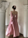 Tavimart - Temperament Princess Evening Party Dresses Women Slash Neck Long Sleeve High Waist Folds