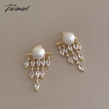 TAVIMART -  Temperament Shiny CZ Cubic Zircon Simulated Pearl Long Tassel Drop Earrings for Women Brass 14K Real Gold Plated Jewelry