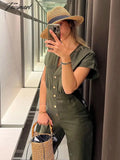 Tavimart V-neck Dark Green Single Breasted Jumpsuit X-shaped Y2k Sleeveless Slim Fit Streetwear Fashion Casual Office Lady Jumpsuits