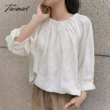 Tavimart Vintage Cotton Linen Oversized T - Shirt Ruched O - Neck Three Quarter Sleeve Harajuku