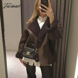 Tavimart Winter Faux Fur Thick Lapel Coat For Women Long Sleeve Jacket Female Warm Pu Overcoat