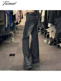 Tavimart - Woman Low Waist Jeans Wide Leg Denim Zipper Pants Classical Trousers Korean Cargo All -