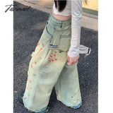 Tavimart - Women Blue Ripped Jeans High Waist America Feeling Street Wide Leg Pants Y2K Vintage Ins