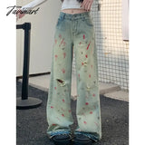 Tavimart - Women Blue Ripped Jeans High Waist America Feeling Street Wide Leg Pants Y2K Vintage Ins