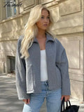 Tavimart - Women Grey Lapel Patchwork Zipper Coat Long Sleeve Oversized Loose Autumn Jacket Chic